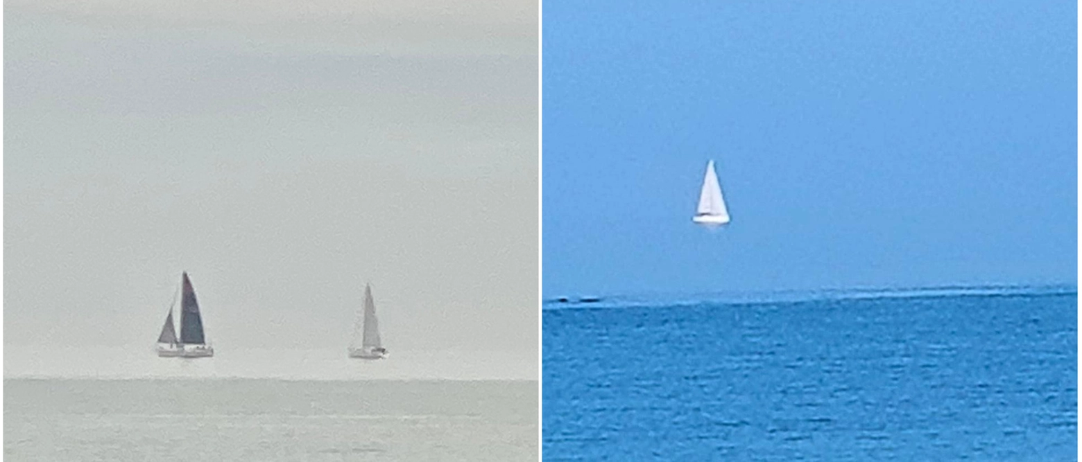 L’effetto ottico delle due barche a vela sospese tra cielo e mare immortalato da Roberta Maccaroni, che stava passeggiando alla Palla di Pomodoro con un’amica: “Ho subito scattato, prima che scomparisse”