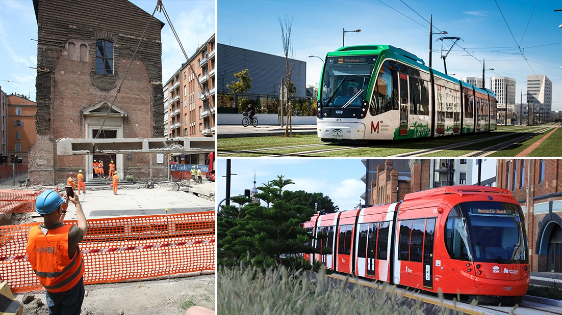 I cantieri del tram in centro e, sotto, due foto dei mezzi prodotti da CAF all’estero