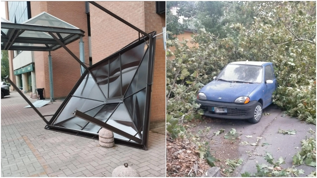 Maltempo a Reggio Emilia: tendoni dei dehors volati via e alberi caduti anche sopra auto in sosta