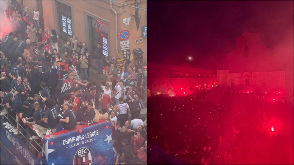 Il passaggio del pullman coi giocatori rossoblù lungo le vie di Bologna e a destra l'entusiasmo in piazza Maggiore (FotoSchicchi)