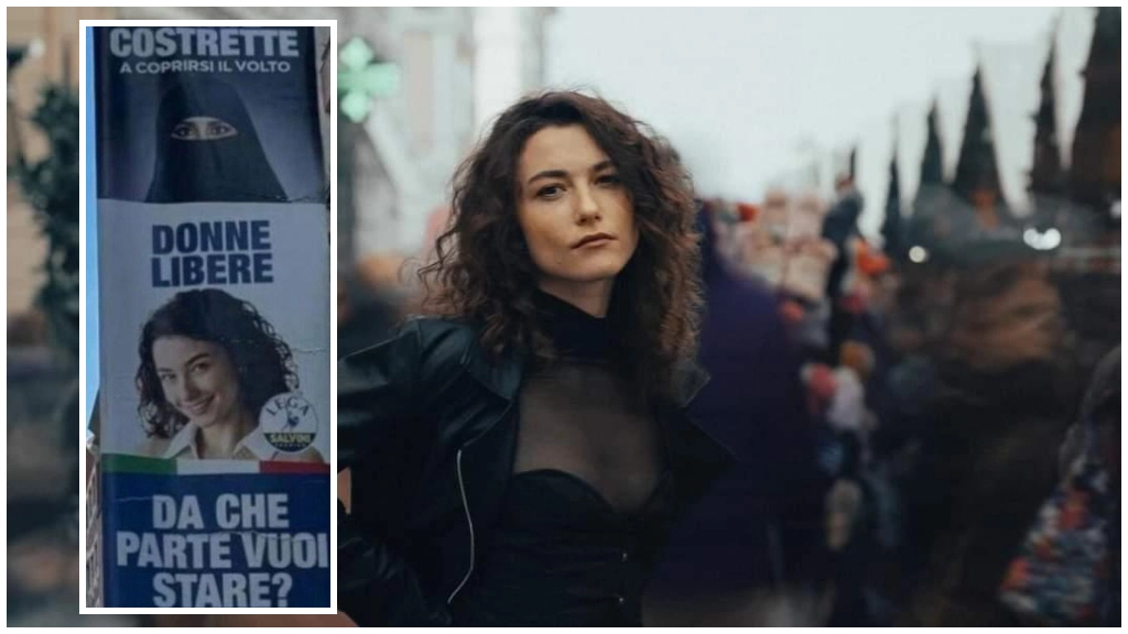 Anna Haholkina in una foto tratta dai suoi social; a sinistra il manifesto ‘incriminato’