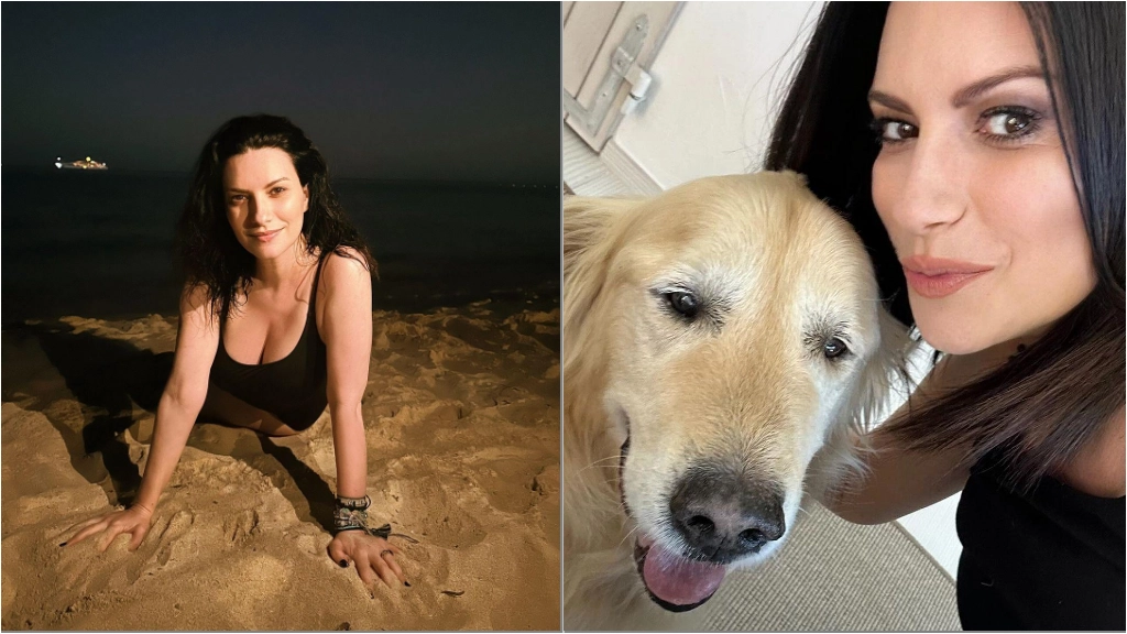 Laura Pausini, baciata dalla luna in spiaggia; a destra con il suo cagnolone di 12 anni