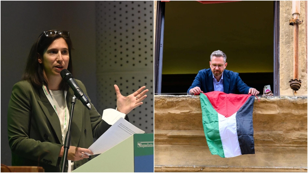 A sinistra la segretaria del Pd Elly Schlein. A destra il sindaco Matteo Lepore mentre espone la bandiera della Palestina davanti al Comune di Bologna
