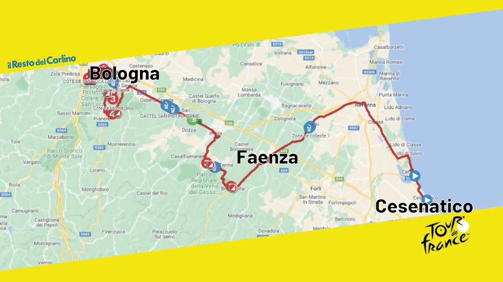 La mappa della seconda tappa del Tour de France che parte da Cesenatico e arriva a Bologna