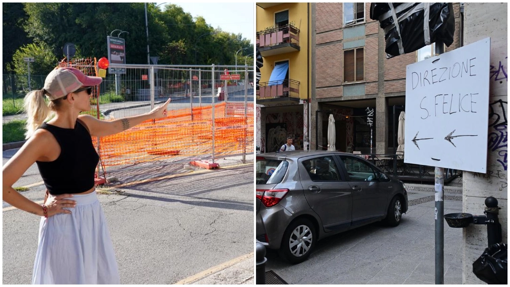 Uno dei cantieri legati al tram che hanno invaso la città da mesi (Foto Schicchi); a destra, il cartello che, da via San Rocco, indica la svolta a sinistra in via del Pratello