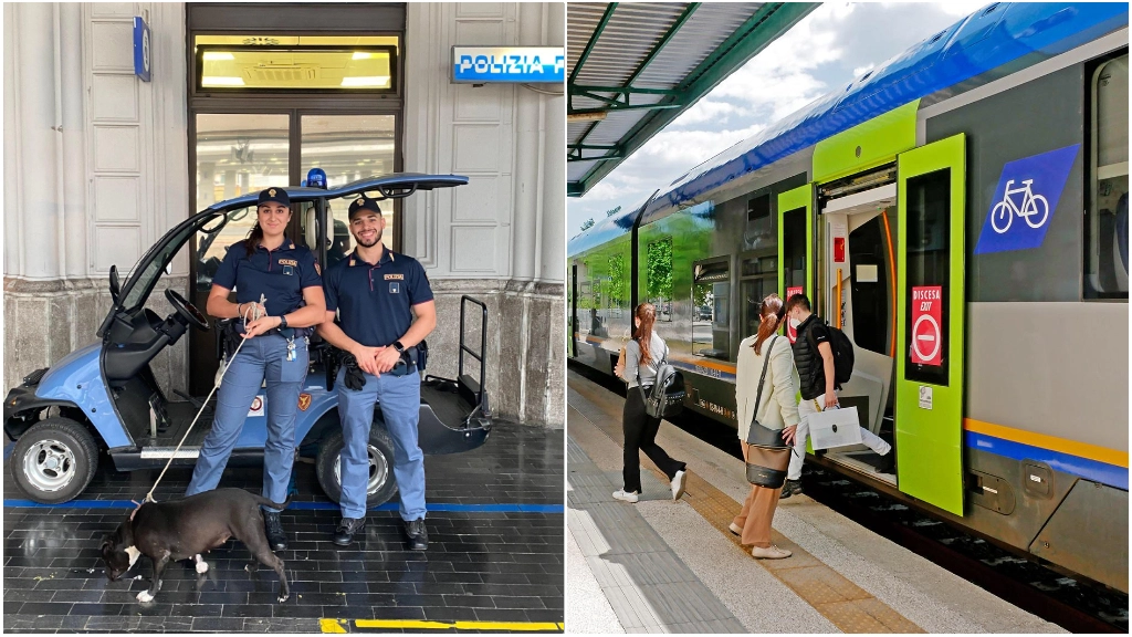 A sinistra, gli agenti della polizia ferroviaria hanno recuperato il Pitbull "pendolare". La sua avventura sul treno da Anzola a Bologna