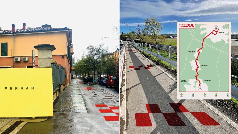 Due tratti della ciclovia del mito e la mappa del percorso che collega Modena a Maranello
