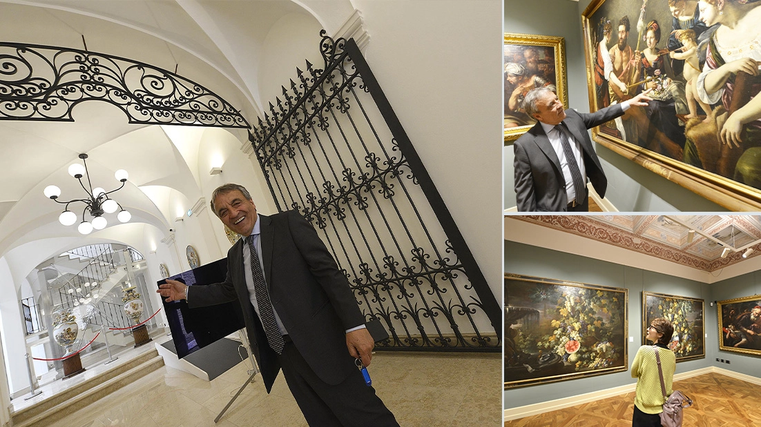 Franco Signoretti all’ingresso di Palazzo Perticari e alcune immagini delle sale espositive (fotoservizio Toni)