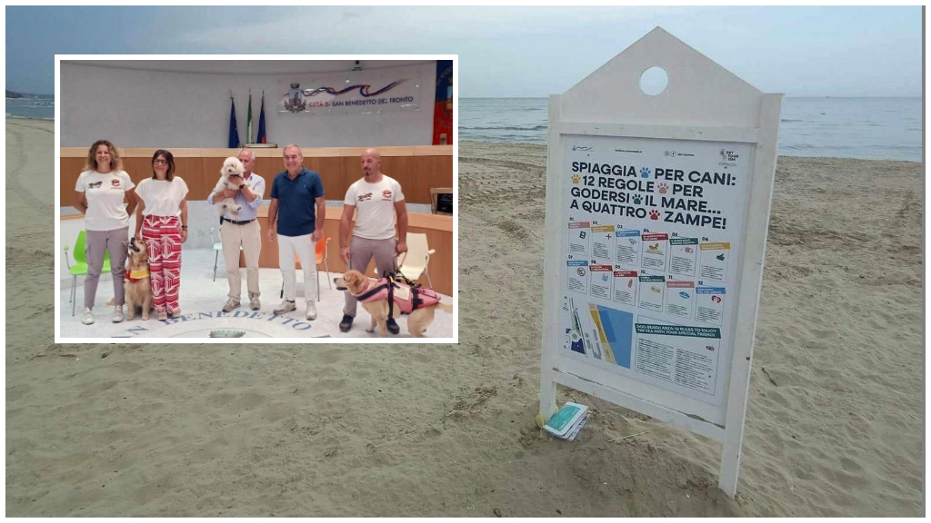 Nella foto la spiaggia per cani di San Benedetto e uno scatto della conferenza stampa di presentazione