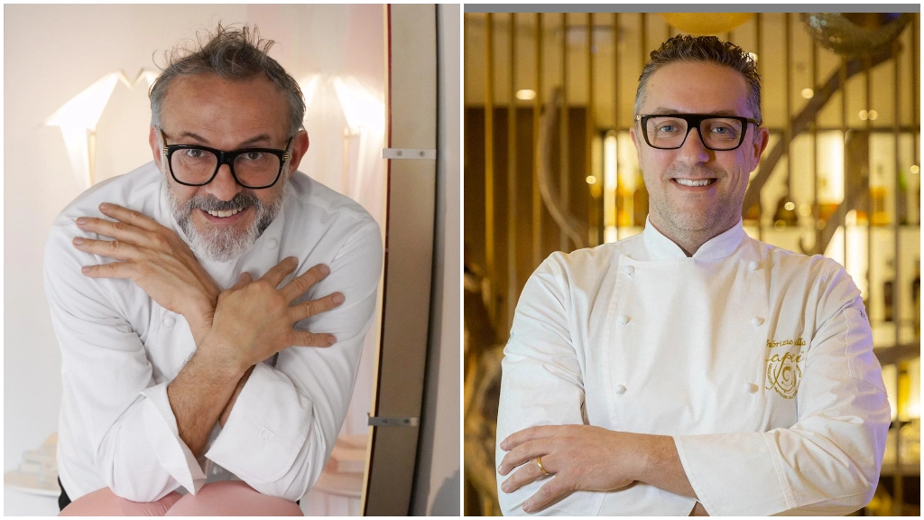 Lo chef stellato Massimo Bottura (a sinistra) cura il menu, il pasticciere, sempre stellato, Fabrizio Galla, la torta nuziale