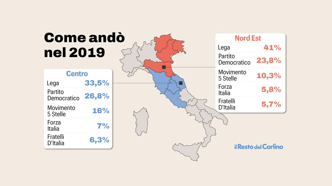 I risultati del voto alle Elezioni Europee del 2019 nelle circoscrizioni in cui sono inserite l'Emilia Romagna e le Marche