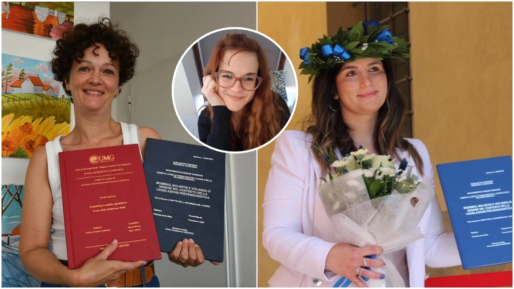 Emanuela Pedri, sorella di Sara, mostra le due tesi di laurea. A destra, la forlivese Francesca Laghi dopo la discussione. Nel todno Sara Pedri, la ginecologa di 31 anni scomparsa il 4 marzo 2021 a Cles, in Trentino