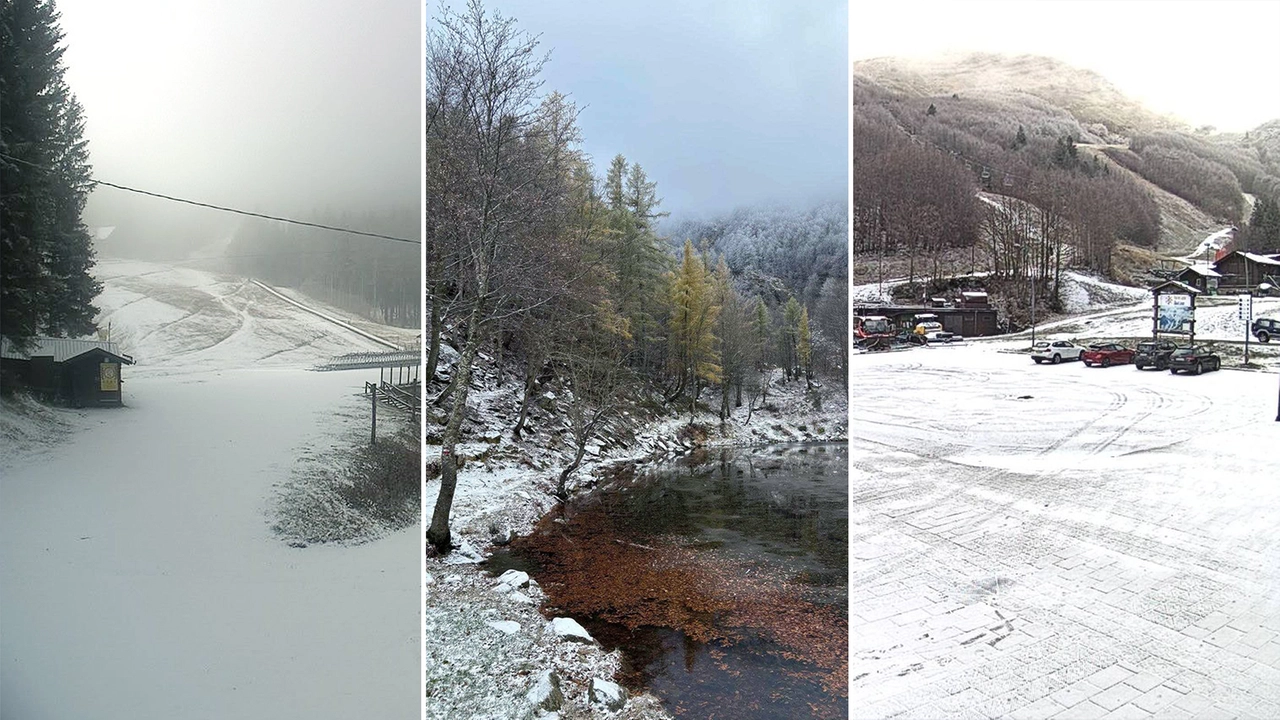 A sinistra, i primi fiocchi di neve sul Monte Cimone (Modena); al centro Lago Santo modenese e, a destra, Val di Luce, sull'Appennino Tosco-Emiliano