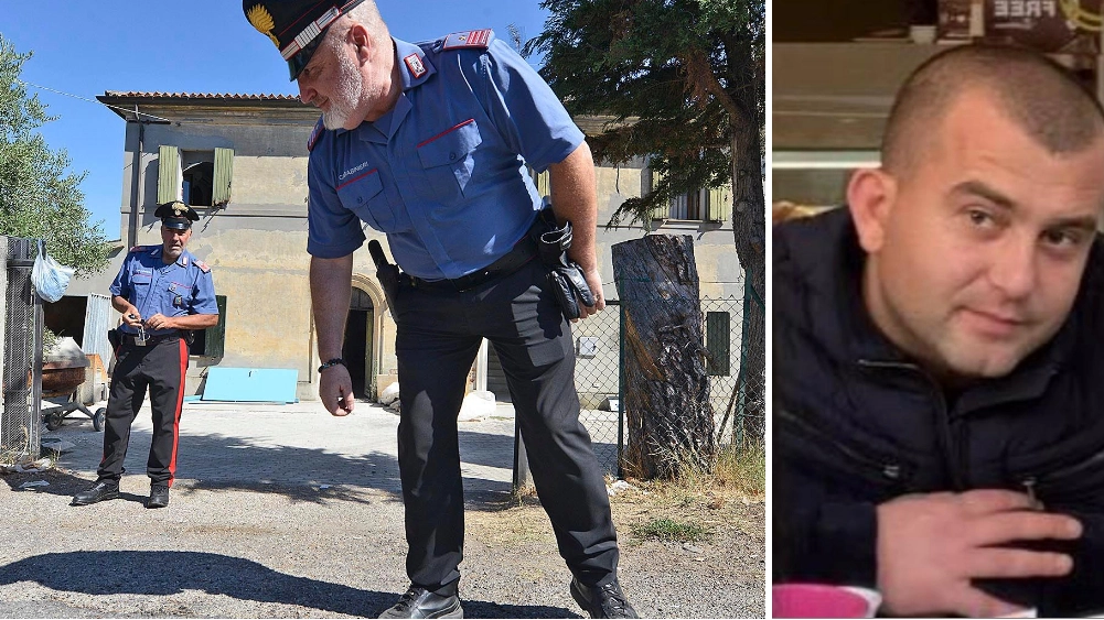 I carabinieri durante le indagini davanti alla casa (foto Toni). A destra la vittima dell'omicidio di Tavullia, Dritan Idrizi di 37 anni