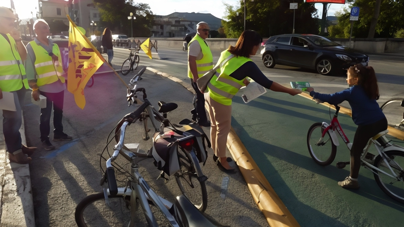 I volontari della Fiab-Amici della Bicicletta di Ascoli distribuiscono i buoni colazione ai ciclisti