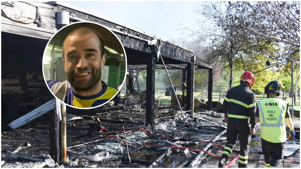 L’incendio doloso di aprile che ha distrutto il locale di Filippo Malatesta, il Kiosko Vincanto a Villa Verucchio (foto Migliorini). Nel tondo Andrea Mussoni