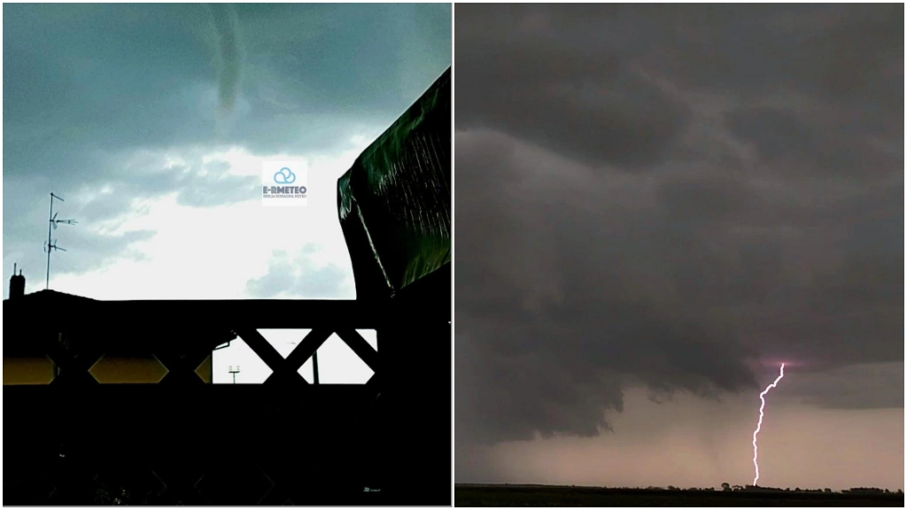 Foto di Emilia Romagna Meteo: a destra un forte temporale sulla costa ferrarese e nord ravennate. A sinistra nube a imbuto (Funnel Cloud) a Porto Corsini
