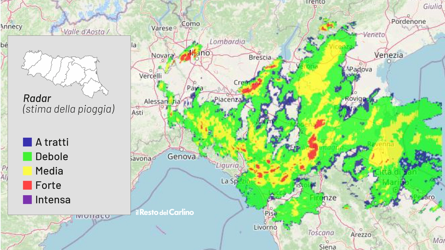Le precipitazioni del 20 maggio 2024 in Emilia Romagna: in tutta la regione stato di attenzione per le piogge intense (Fonte Arpae, Openstreetmap)