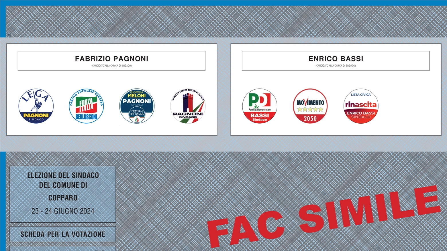 Il fac simile della scheda elettorale di Copparo: il 23 e il 24 giugno si vota per eleggere il nuovo sindaco