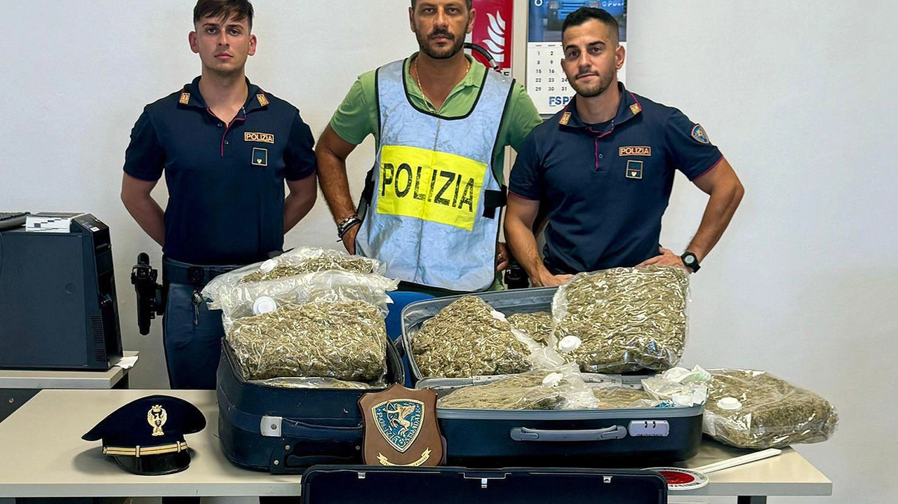 Il conducente aveva con sè poco più di venti chili di marijuana destinata allo spaccio, distribuita in due valigie e un borsone