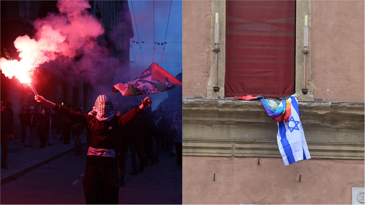 A sinistra, la marcia pro-Palestina; a destra, il vessillo israeliano esposto a palazzo D’Accursio accanto a quello palestinese e alla bandiera della Pace