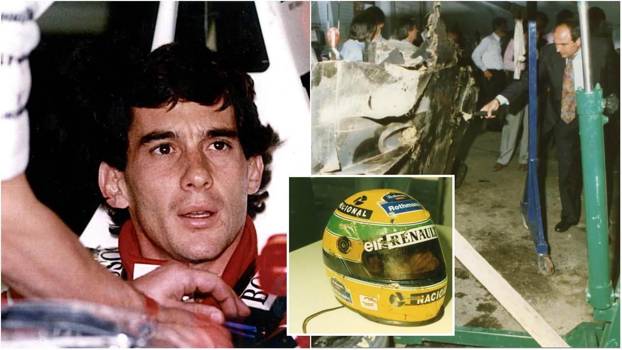 Ayrton Senna e il suo casco, di cui Stefanini è stato custode fino alla distruzione. A destra, le indagini all’autodrono Enzo e Dino Ferrari