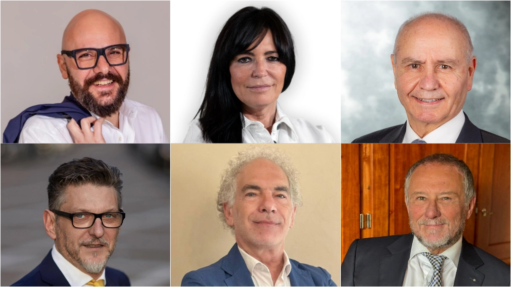 Rovigo, i sei candidati sindaco. Dall'alto verso destra: Frigato, Cittadin, Tosini, Gaffeo, Rossini, Conchi