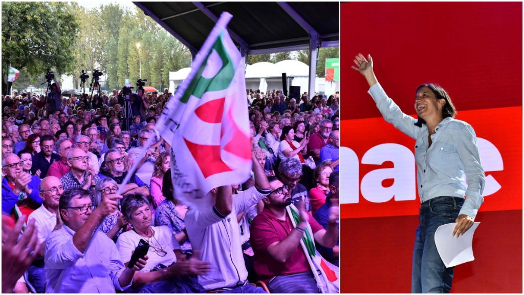 In alto, l’entusiasmo per la Schlein. Sopra, foto di gruppo all’arrivo alla Festa