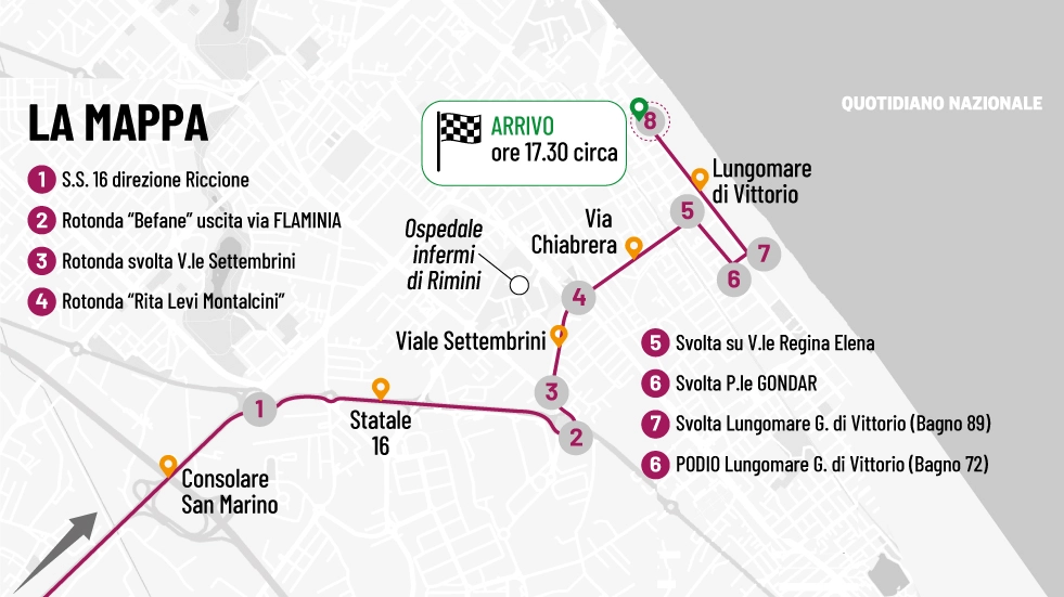 La mappa dell'arrivo del Tour de France a Rimini del 29 giugno 2024