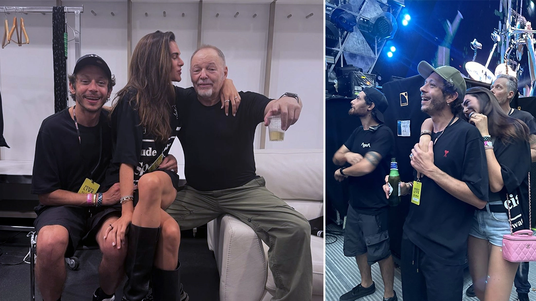 Valentino Rossi, la compagna Francesca Sofia Novello e Vasco Rossi; a destra, la coppia pesarese durante il concerto