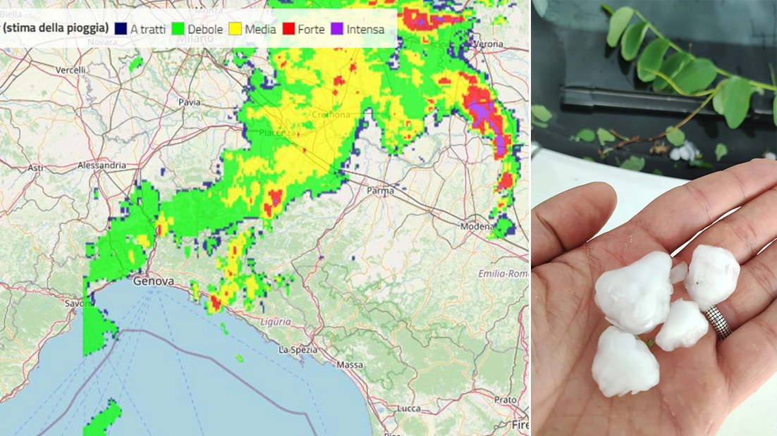 La grandine caduta tra le province di Modena e Bologna (foto Emilia Romagna Meteo) e il radar meteo di Openstreetmap e Arpae