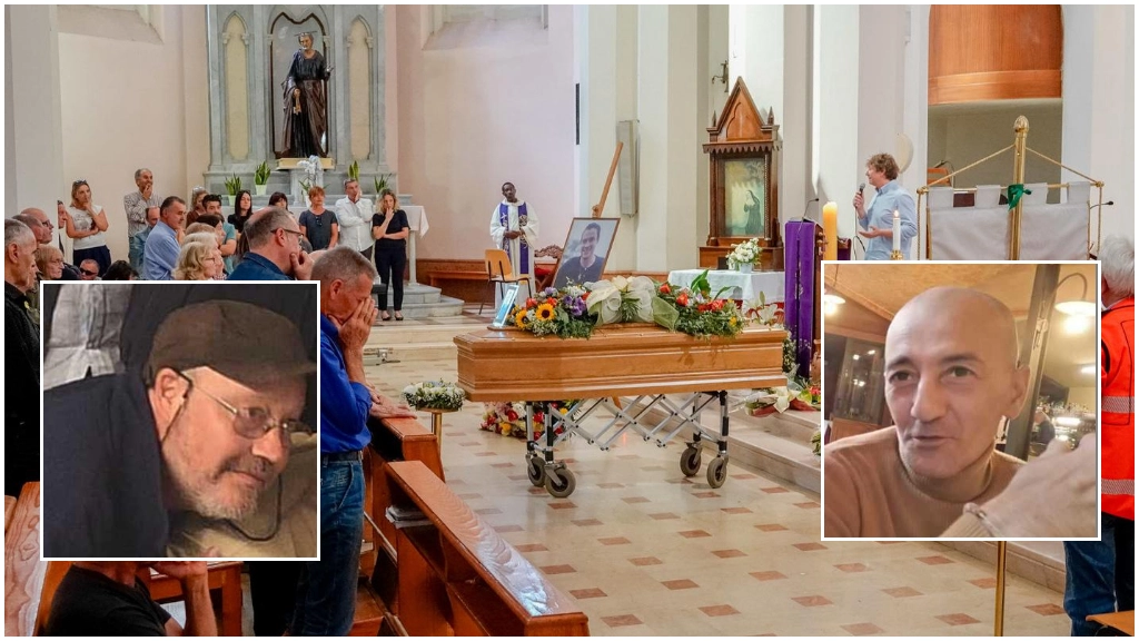 Il funerale a Pedaso (Foto Zeppilli). A sinistra la vittima, Giampiero Larivera, e a destra l’amico Salvatore Asuni