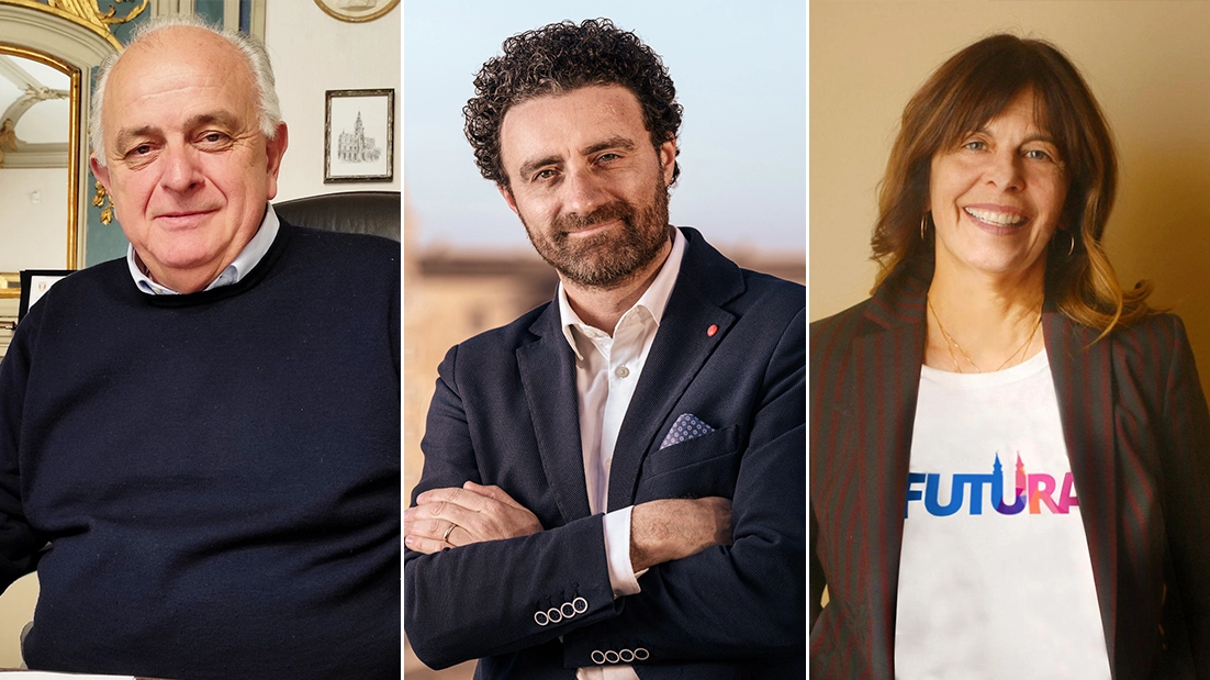 I candidati sindaco di Urbino: Maurizio Gambini, Federico Scaramucci e Maria Francesca Crespini