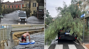 Maltempo a Pesaro: alberi caduti, strade allagate e fuggi fuggi dalla spiaggia