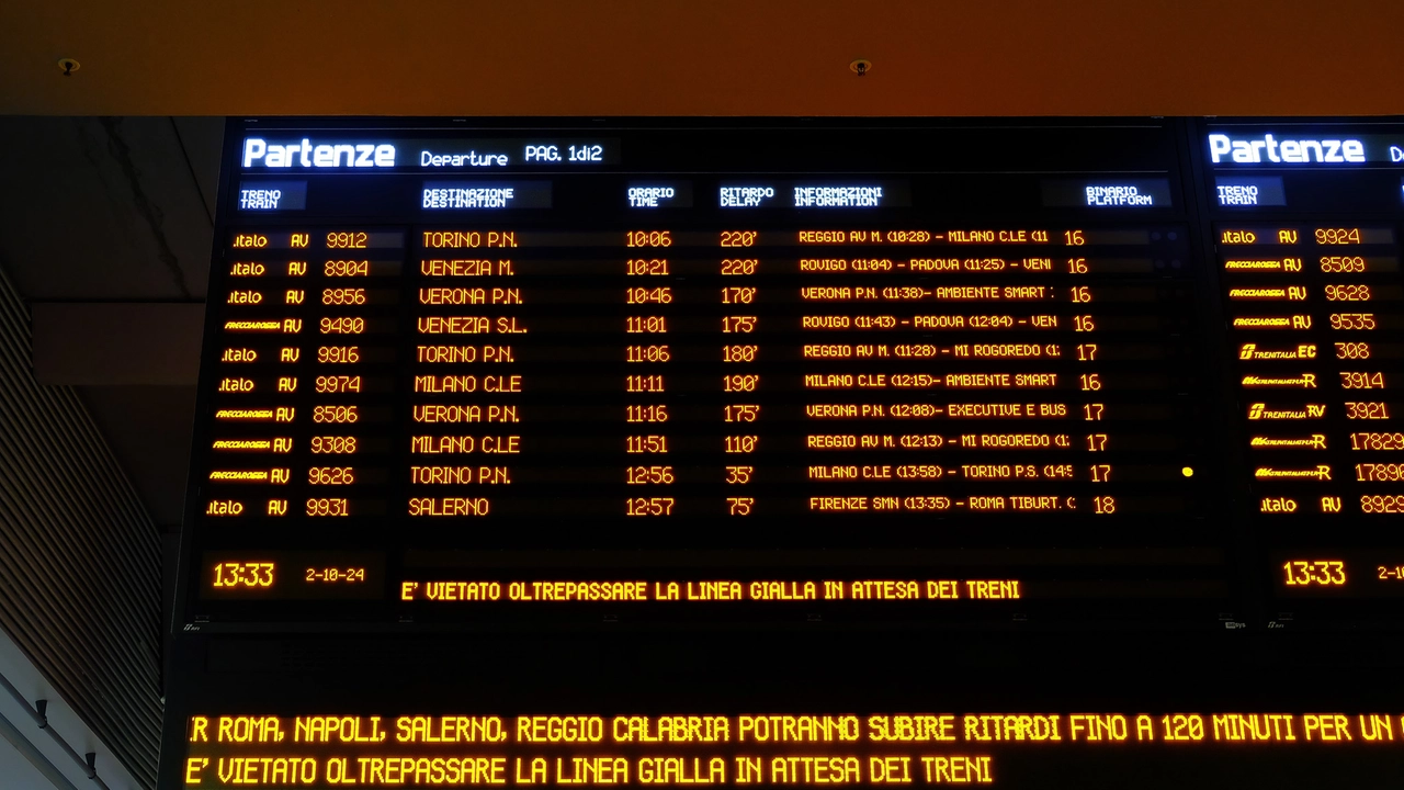 I ritardi alla stazione di Bologna, segnati sul tabellone delle partenze