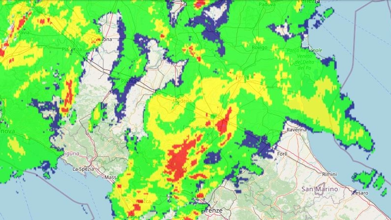 La mappa della perturbazione di domenica 8 settembre dal radar meteo di Arpae