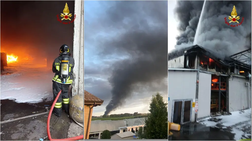 Cadelbosco, incendio devasta capannone di rifiuti in plastica. Nube nera fino a Reggio Emilia: “Tenete chiuse le finestre”