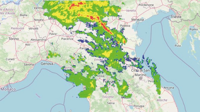 Il maltempo di domenica 23 giugno 2024 in Emilia Romagna: la mappa delle piogge dal radar meteo Arpae Openstretmap