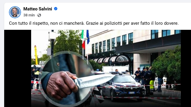 Il post di Salvini sull'uomo ucciso davanti alla stazione ferroviaria di Verona (Facebook)