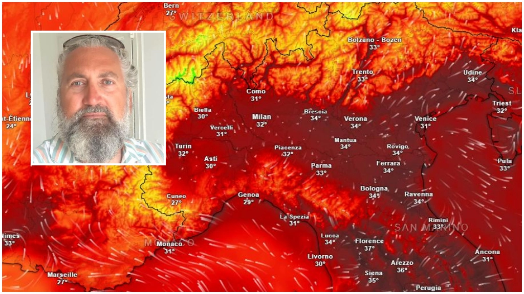 Cartina di Meteored con le temperature previste alle ore 14 del 15 agosto 2024. Nel riquadro Roberto Nanni