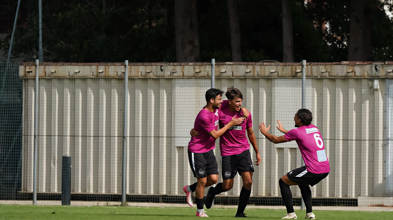 La gioia dei giocatori del Tolentino dopo il gol vittoria