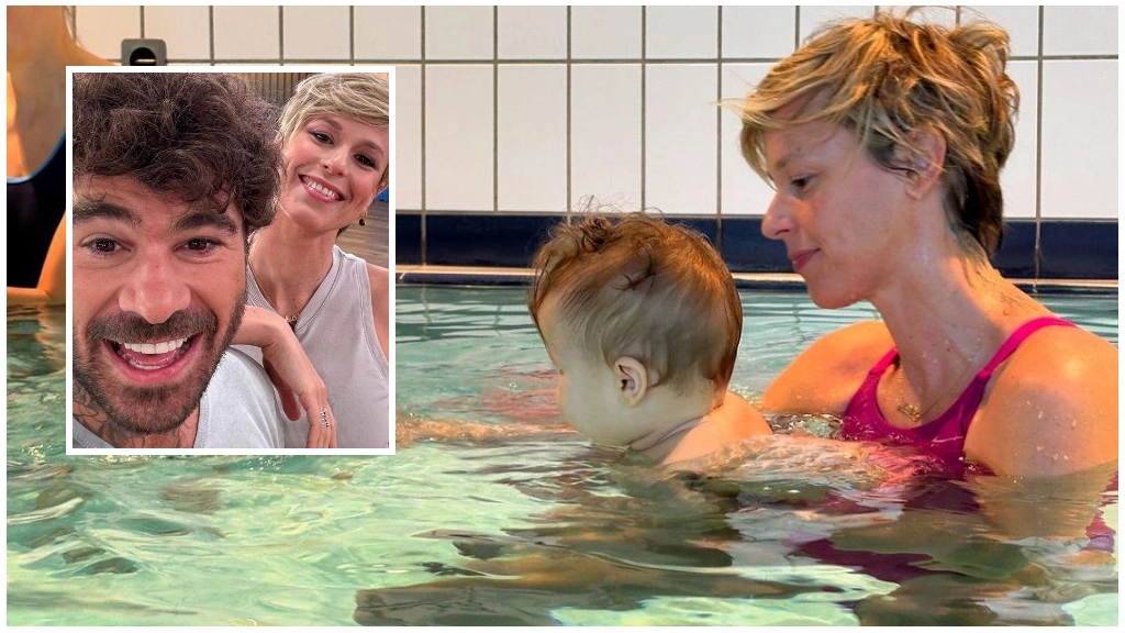 Federica Pellegrini in vasca con la figlia Matilde; nel tondo assieme ad Angelo Madonia con cui fa coppia a "Ballando con le stelle"