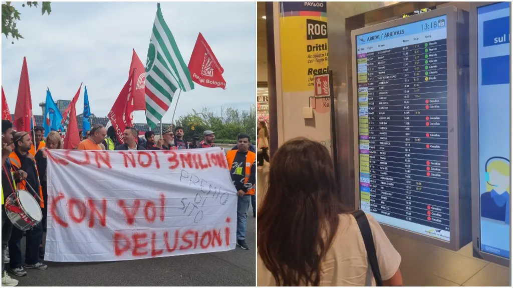 Sciopero aerei oggi, voli cancellati al Marconi di Bologna. Lavoratori in presidio: ecco i motivi