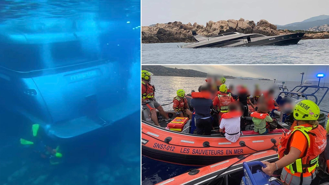 Lo yacht all’arrivo dei soccorsi e sott'acqua; il recupero dei naviganti