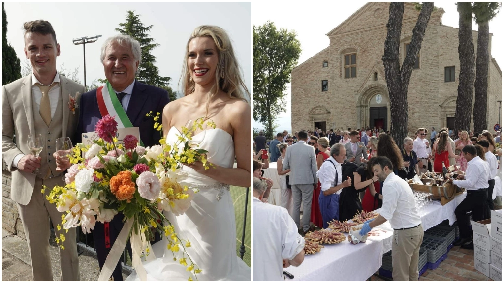 Laure e Bert, gli sposini belgi innamorati di Montelparo si sono sposati e dopo la cerimonia hanno offerto a tutti i 'compaesani' un buffet aperitivo sul piazzale antistante la chiesa (foto Zeppilli)