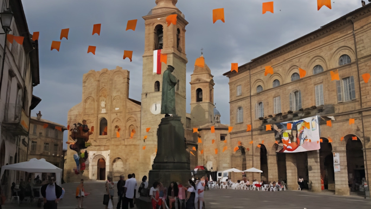 La piazza di San Ginesio sarà uno dei tanti centri tinti d’arancione domenica, con la caccia al tesoro in costume storico (ritrovo all’ufficio turistico in via Matteotti)