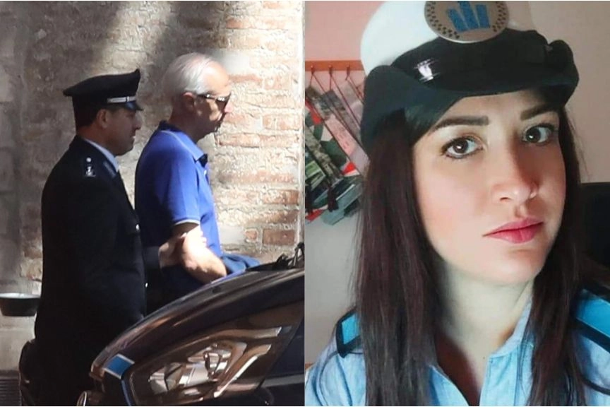 Omicidio di Anzola: l'arrivo del vigile Giampiero Gualandi in tribunale e a destra la vittima Sofia Stefani