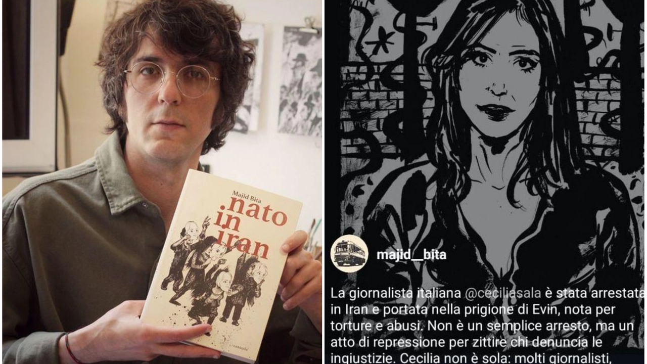 Majid Bita con ‘Nato in Iran’: l’autobiografia del 40enne fumettista che racconta parte della sua vita; a destra, il post diffuso sui social: il disegno di Bita ritrae la 29enne Cecilia Sala