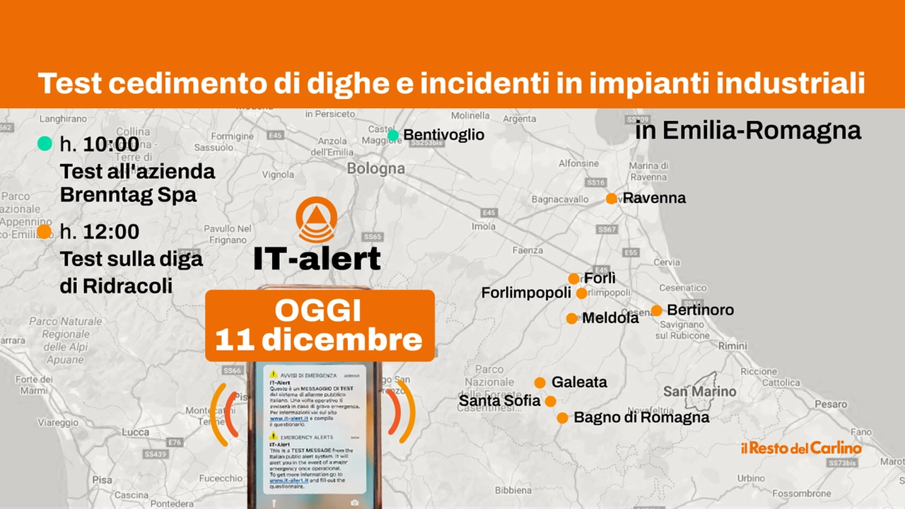 La mappa con i luoghi dei test di It Alert dell'11 dicembre in Emilia-Romagna