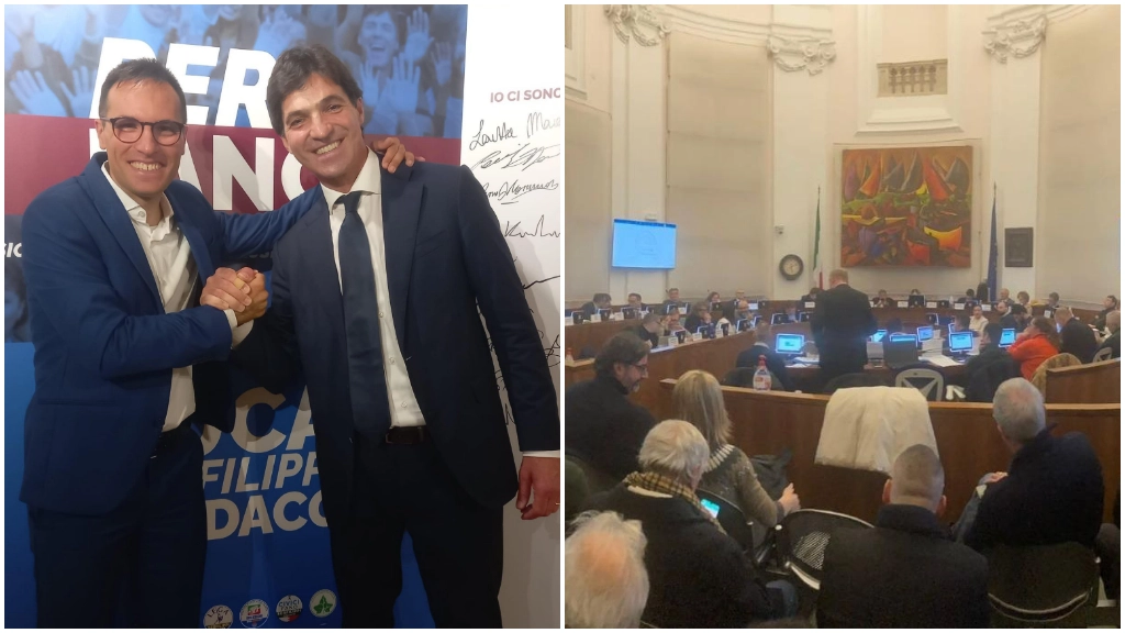 Il nuovo sindaco di Fano Luca Serfilippi con il governatore Acquaroli, a destra il consiglio comunale di Fano (foto Marchetti)